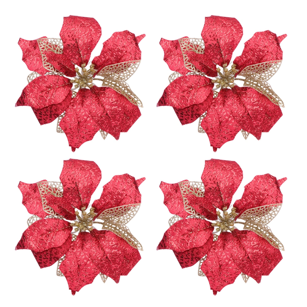 4pcs Fake Vivid Flower Decoration DIY Christmas Ornament Simulation Flower Adornment for Party Christmas (Red)