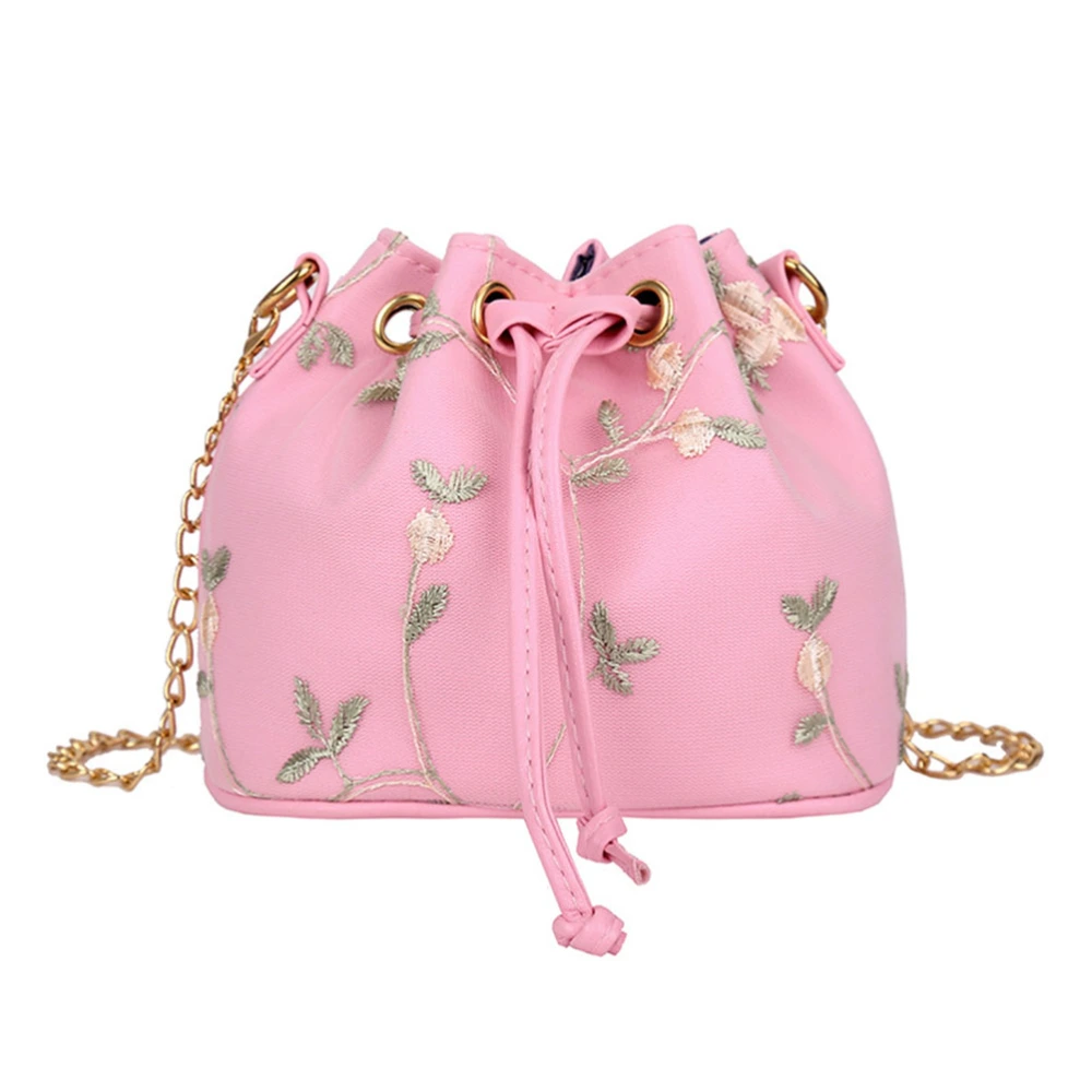 Fashion Flowers Lace Embroidery Drawstring Bucket Bag Shoulder Bag Purse (Pink)