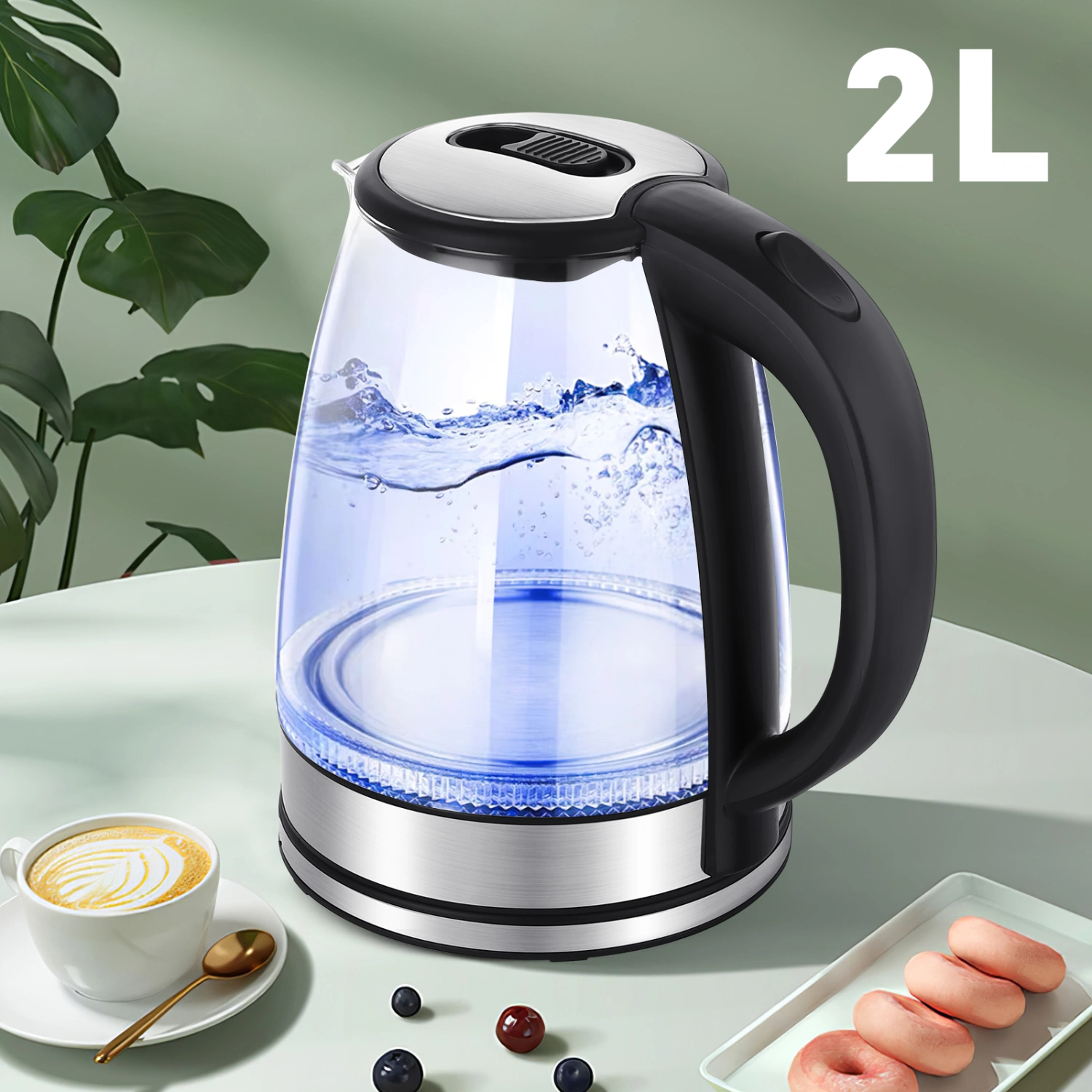 Electric Kettle with Blue LED Indicator Light large capacity Glass body Stainless Steel Bottom Kettle Water Boiler