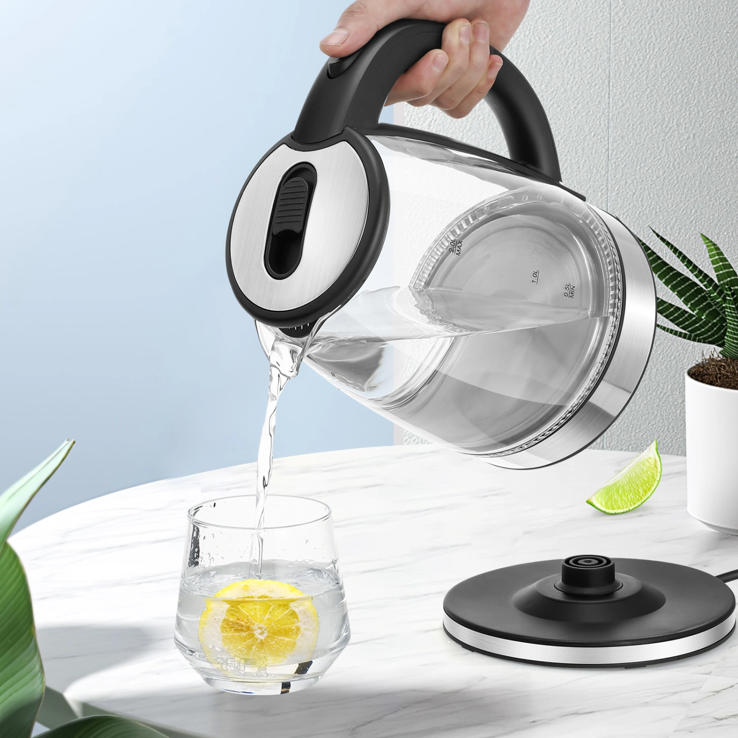 Electric Kettle with Blue LED Indicator Light large capacity Glass body Stainless Steel Bottom Kettle Water Boiler
