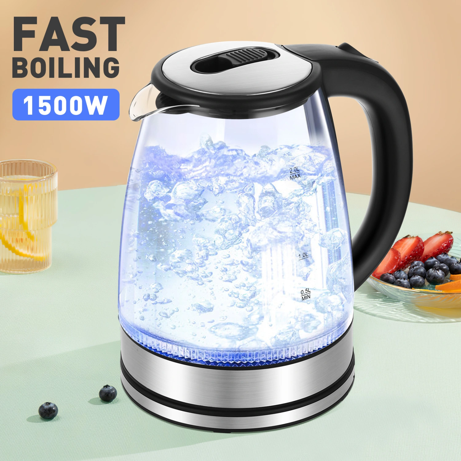 Electric Kettle with Blue LED Indicator Light large capacity Glass body Stainless Steel Bottom Kettle Water Boiler