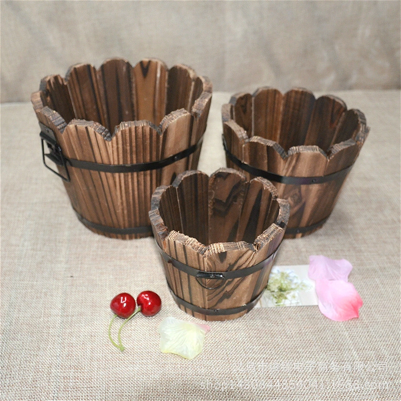 2Pcs Wood Planter Pot Barrel Flowerpot Reusable Planter Holder Small Planter Drainage Planter Pot