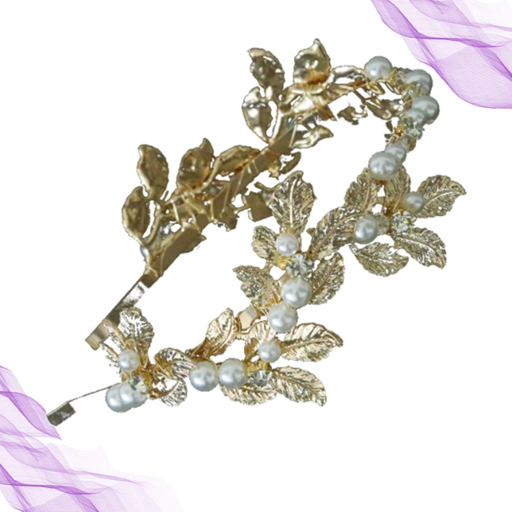 Baroque Pearl Hair Headpiece Golden Leaf Hair Crown Hair Jewelry for Women Wedding Decoration