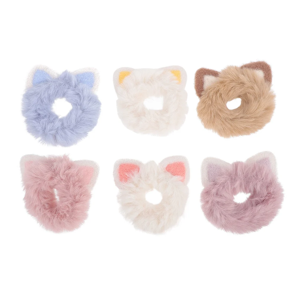 6Pcs Cat Ear Hair Scrunchies Fluffy Scrunchy Hair Ties Ponytail Holder Hair Band