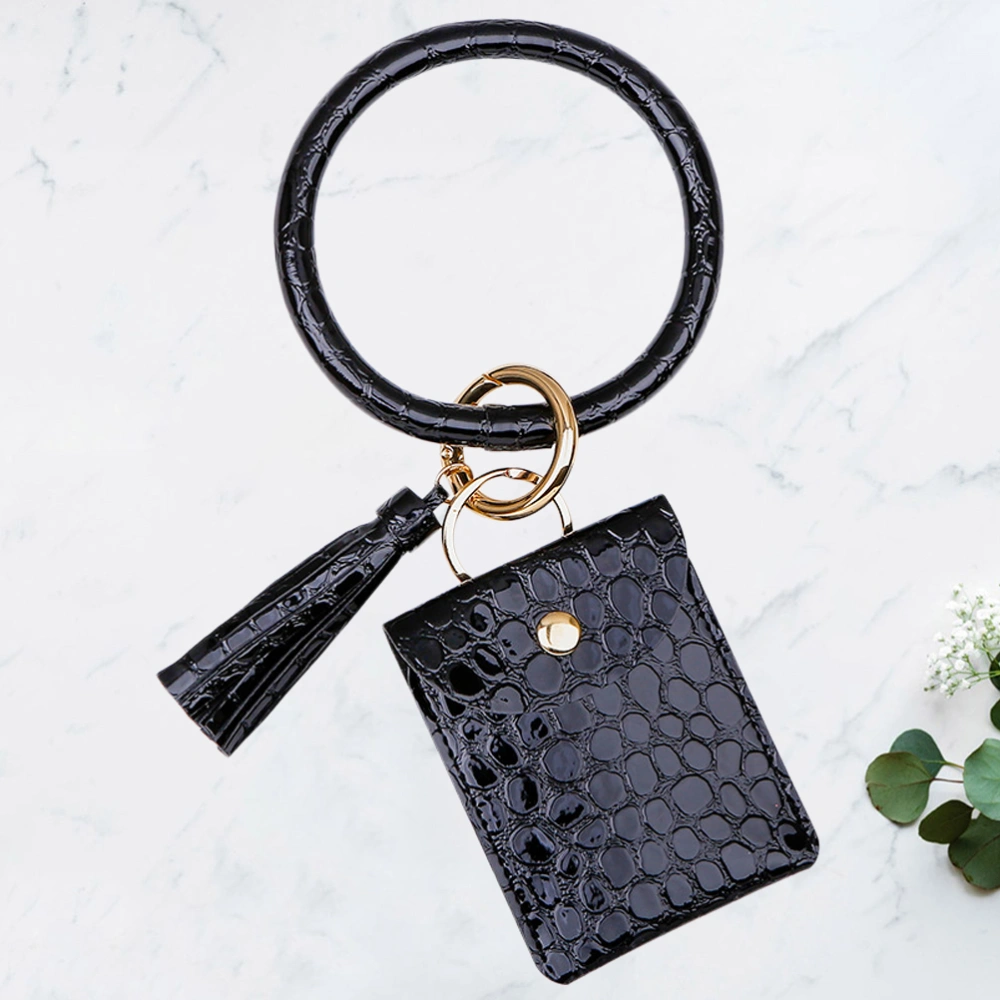 PU Leather Coin Purse Crocodile Grain Big Circle Ring Bangle Hanging Keychain Flap Buckle Mini Cards Container Wallet (Black)