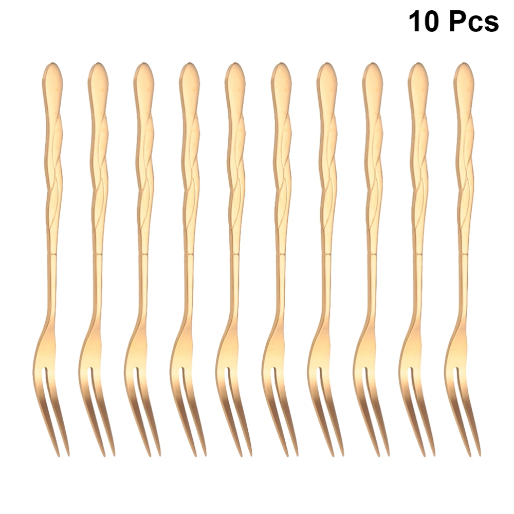 10pcs Stainless Steel Fruit Picks Two Prongs Dessert Fork Salad Forks Party Supplies for Hotel KTV Bar (Rose Gold)