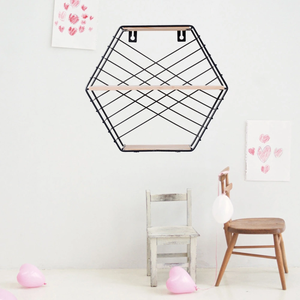 Floating Shelf Wall Mounted Simple Geometry Iron Wire Hexagon Plant Flower Storage Shelves Display Racks Perfect for Bedroom Living Room Office(Black)