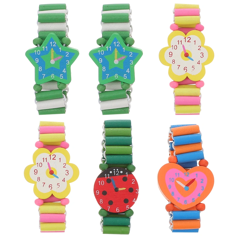 6PCS Cartoon Watch Toy Creative Kids Christmas Gift Stretchable Watch Toy Wooden Kids Watch Toy Kindergarten Birthday New Year's Day Party Gifts for Kids Plying Mixed