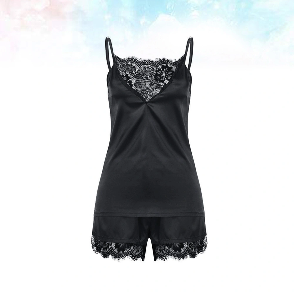 1 Set of Summer Sexy Sleepwear Lace Camisole Vest Shorts Nightwear for Ladies Women - Size S (Black)