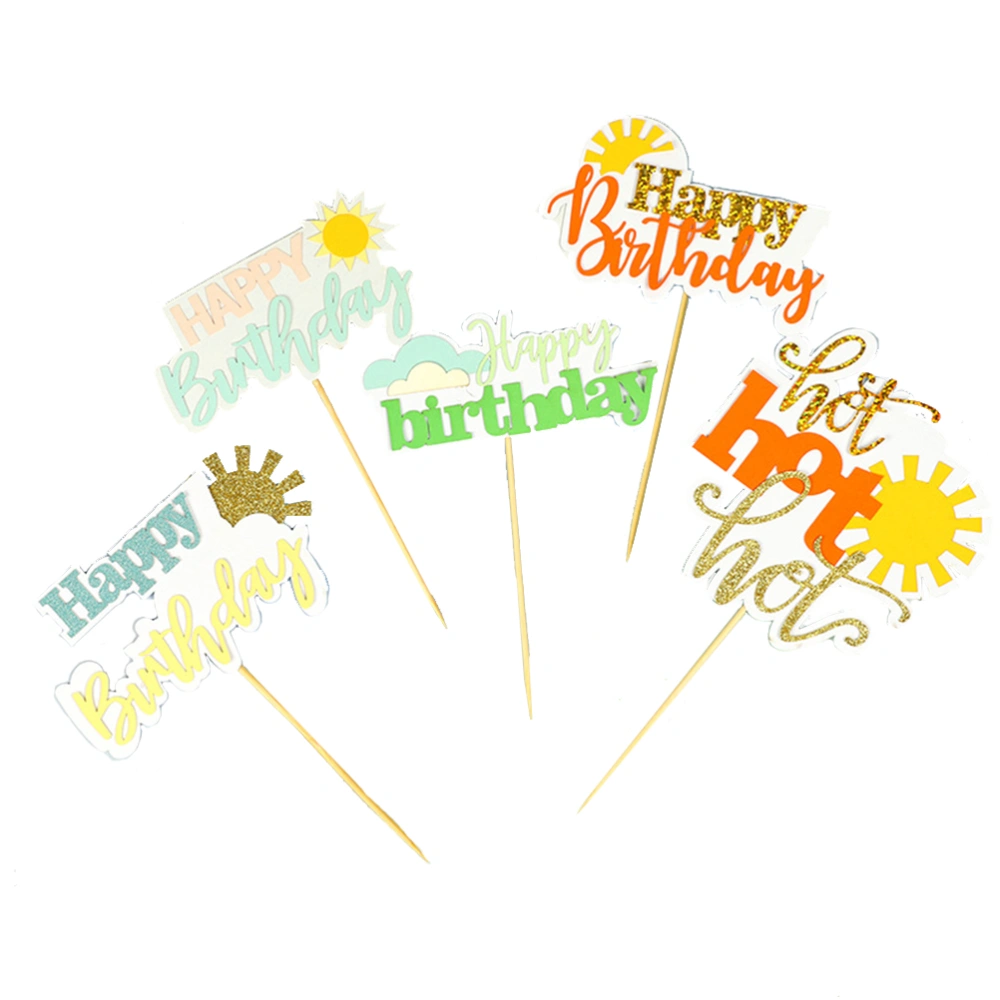 5pcs HAPPY BIRTHDAY Summer Theme Creative Sun Shaped Cake Toppers Paper Cake Fruit Picks Cupcake Decor Party Supplies