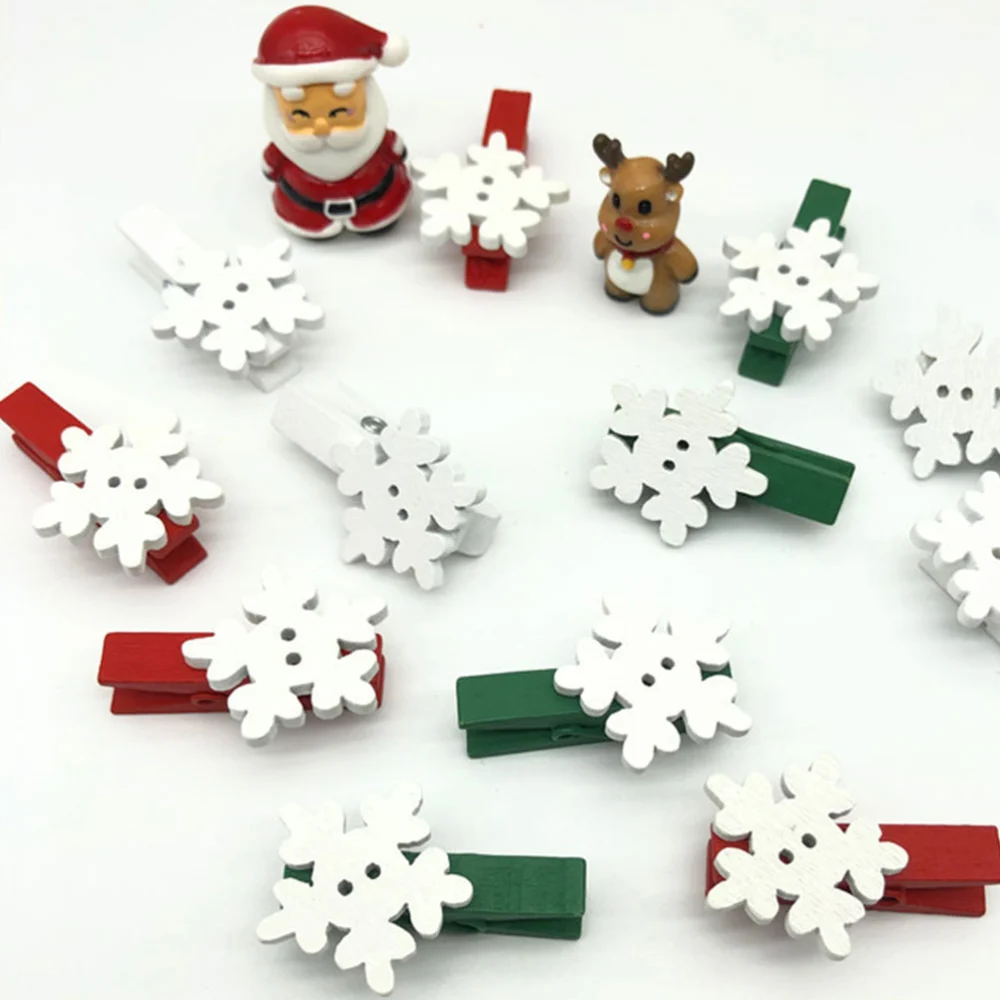 36 Pcs Christmas Wooden Clip Snowflake Decor Clips Wedding Photo Storage Clip for Scrapbooking Gift Party Decoration Tree Embellishment (White, Red, Green)