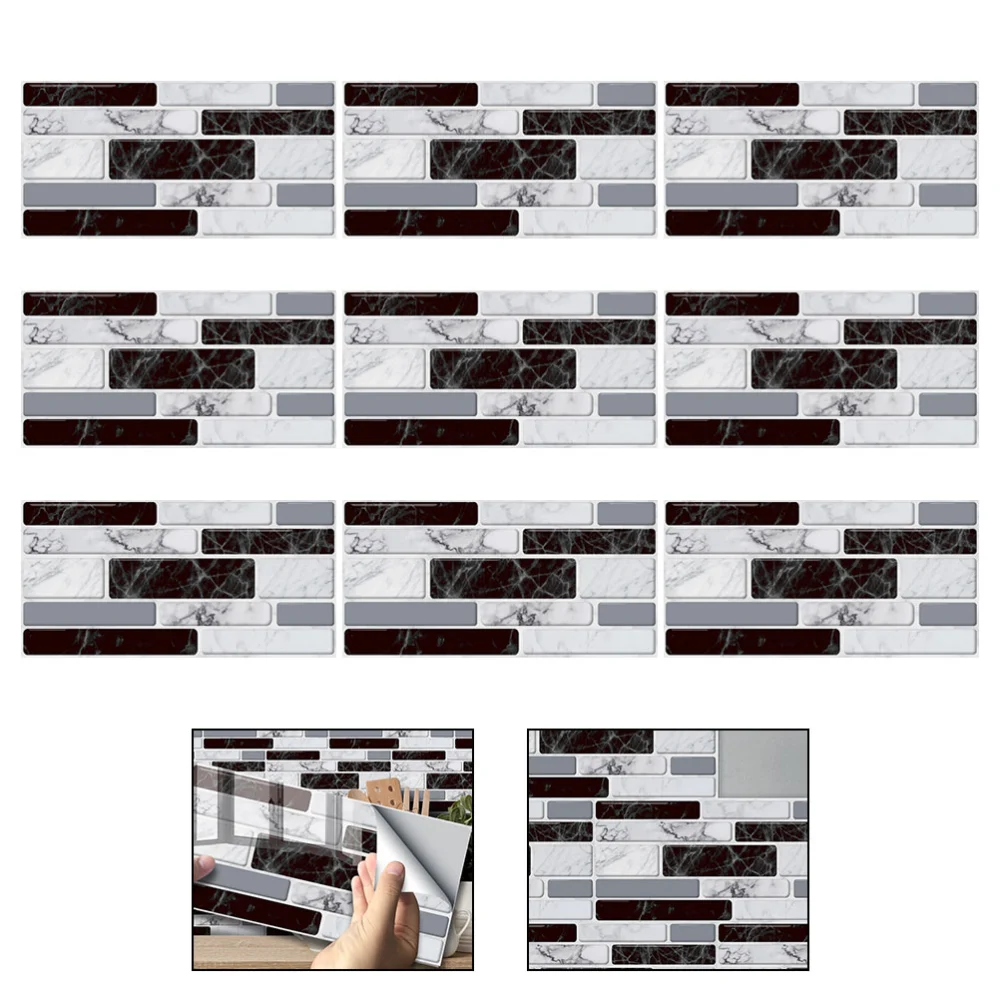 9pcs Decoration Black and White Imitation Marble Sticker Self-Adhesive Removable Waterproof Tile Sticker for Kitchen Floor Wall