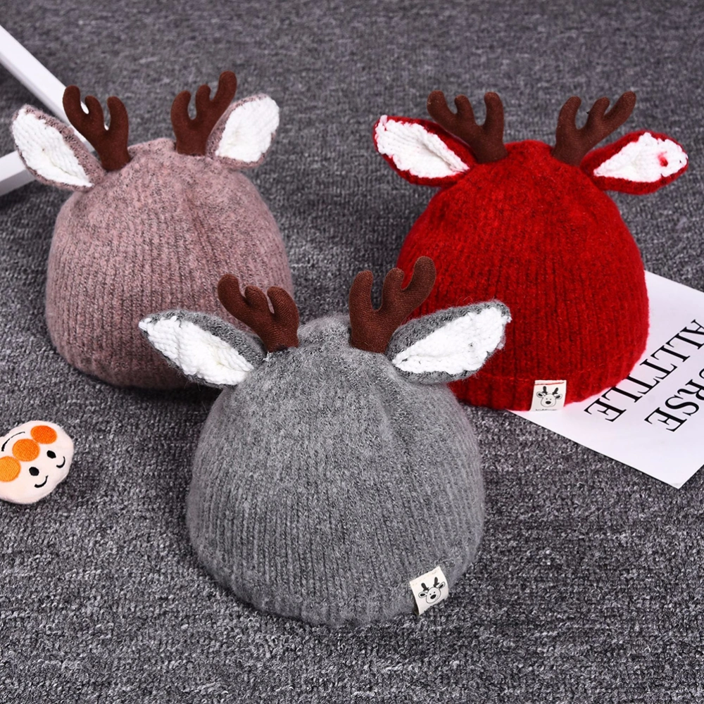 Christmas Elk Shaped Hat Woolen Yarn Kids Thicken Hat Adorable Baby Hat Red