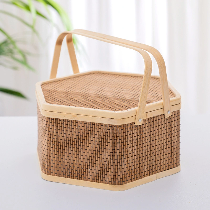 Handwoven Picnic Basket with Lid Handle Bamboo Woven Gift Basket Egg Basket