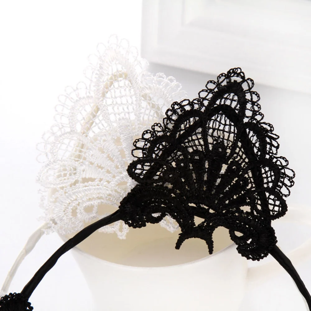 2pcs Lace Cat Ears Hair Hairband Headdress Party Hair Accessories for Women Girls (Black + White)