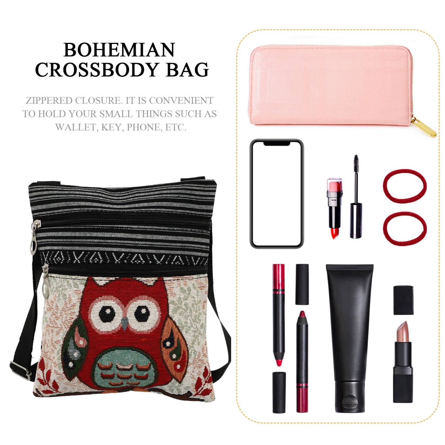 Canvas Zipper Bag Owl Printed Bohemian Crossbody Bag Satchel Women Shopping Pouch (550b)