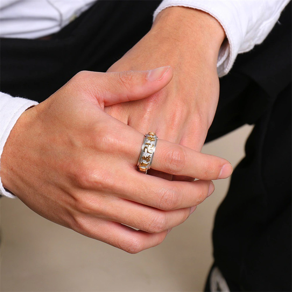 1Pc Pure Golden Color Rotatable Ring Religious Buddhist Ring Buddhist Words Pattern Ring (Size 7)