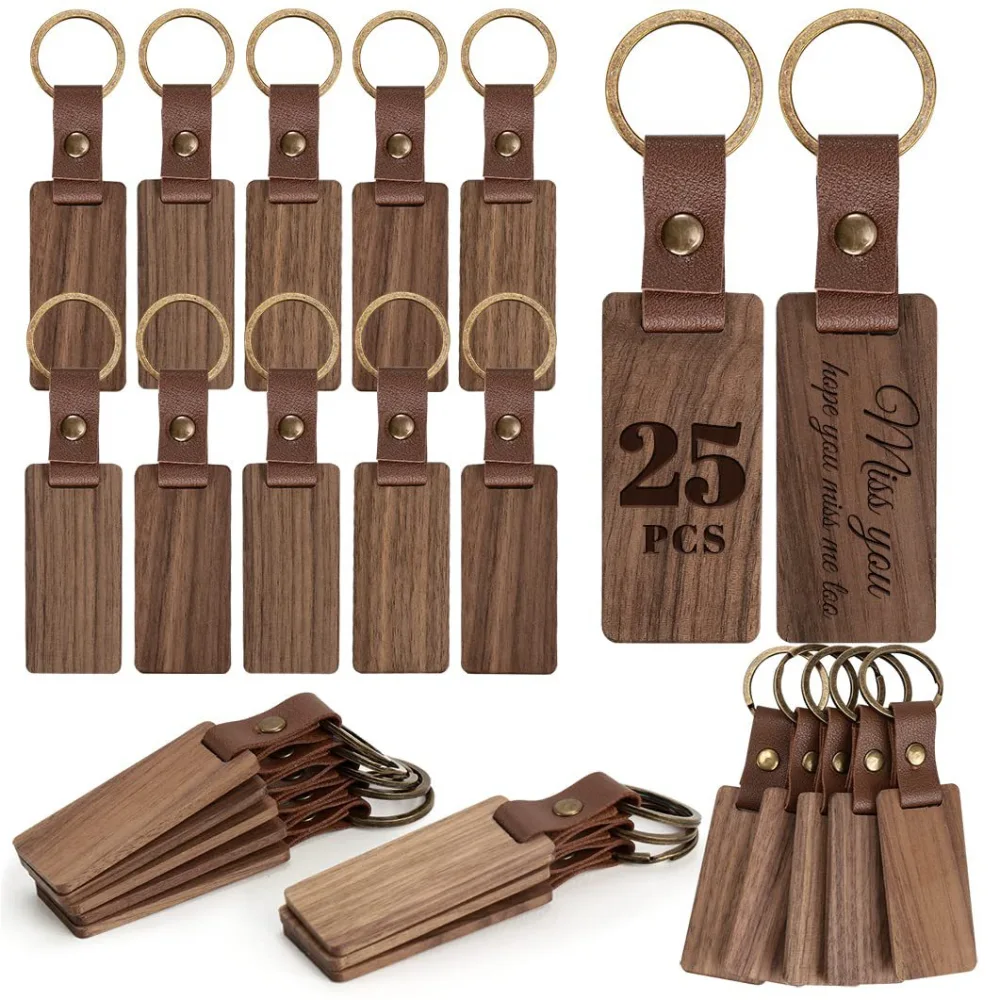 4pcs Leather Wood Keychain Blank Wooden Keychain Blanks DIY Key Chain Ornaments