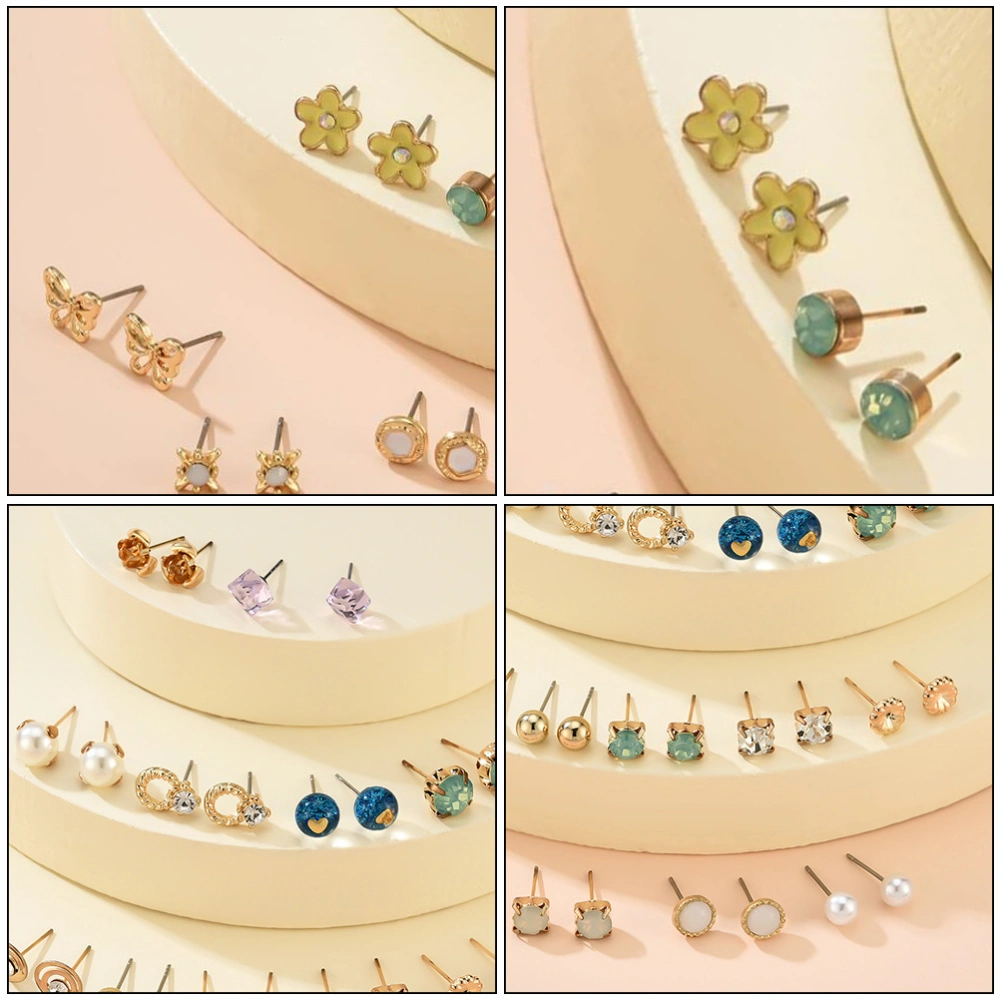 30 Pairs Circular Heart-shaped Earrings Diamond Geometric Ear Studs