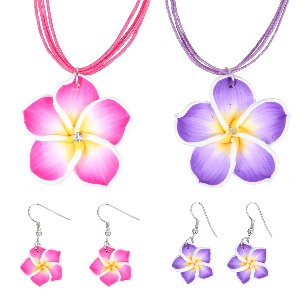 2 Sets Hawaii Theme Jewelry Clay Plumeria Flower Pendant Necklace and Earrings