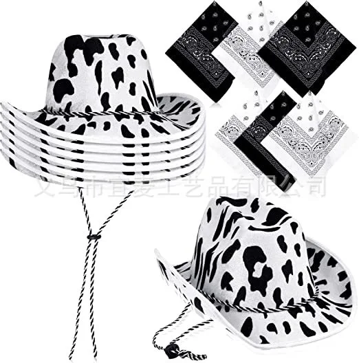 1 Set Cow Print Cowboy Hat Square Scarf Set Western Theme Party Costume Accessories