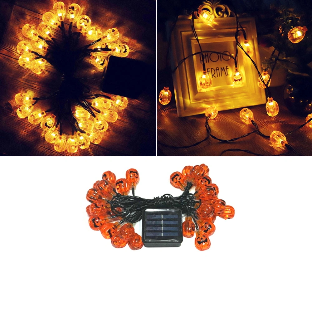 1pc Halloween Pumpkin String Light Lamp Smile Face Coloured Light Waterproof Solar Energy for Decor Orange