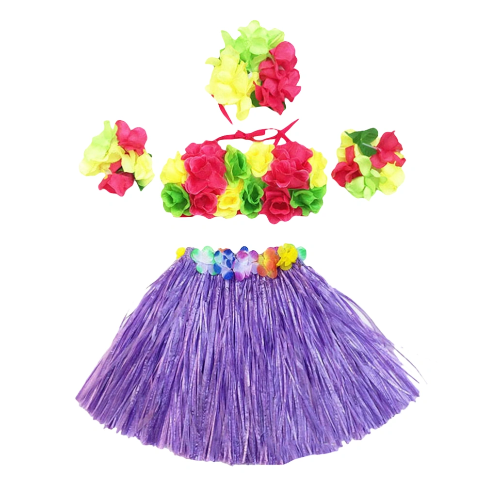 5Pcs Hawaii Tropical Hula Grass Dance Skirt Flower Bracelets Headband Bra Set 40cm (Purple Skirt)