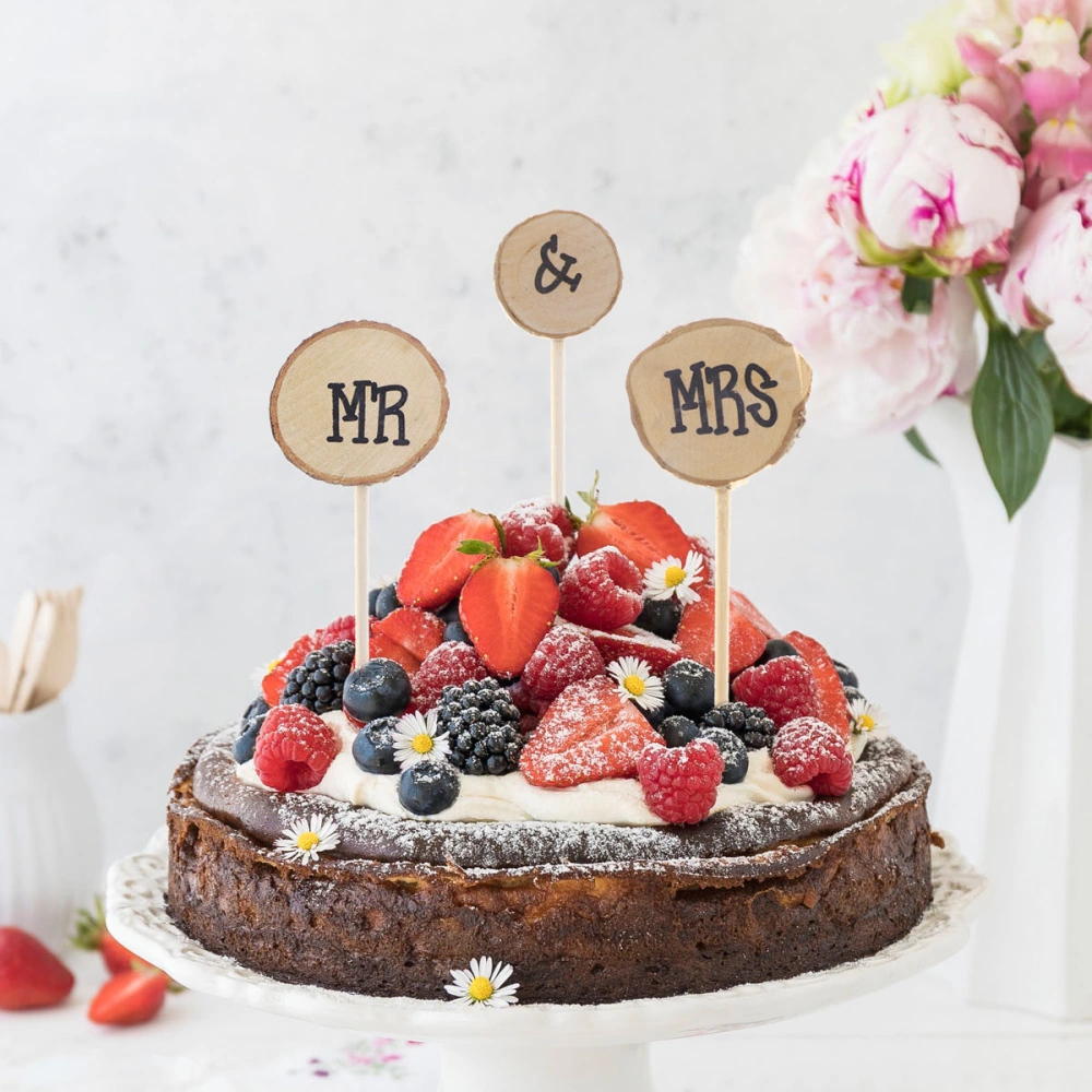 3pcs MR & Mrs Natural Wood Style Cake Topper for Wedding / Anniversary / Birthday Party