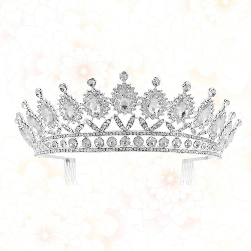 1PC Rhinestone Large Crown with Comb Headdress Alloy Crown Headdress Elegant Headdress for Woman Girl (White)