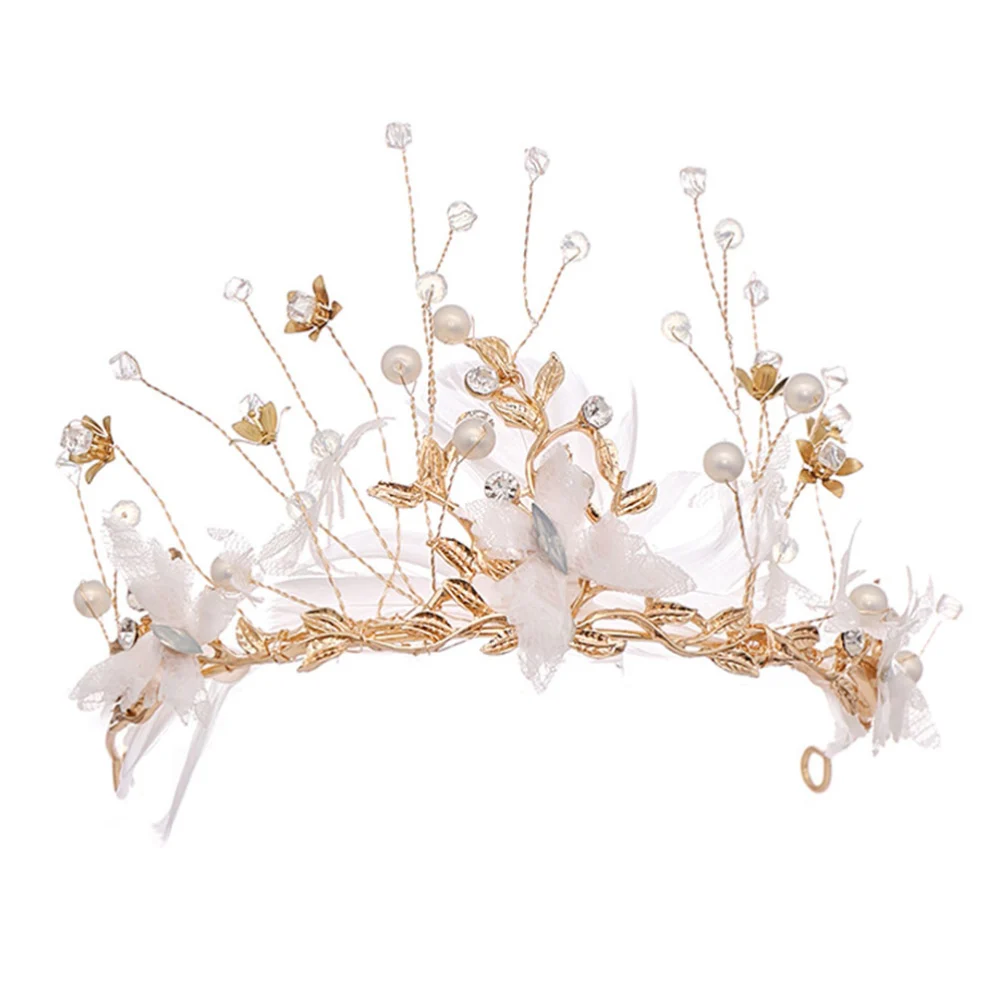 Pearl Crown Attractive Headdress Women Hair Handmade Wedding Elegant Tiara (Golden)