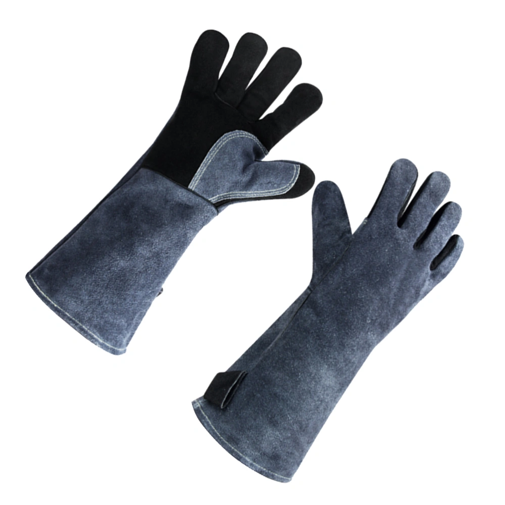 1 Pair Heat Resistant Gloves Fire-resistant Leather Barbecue Gloves Cooking Gloves for Outdoor Use (14 Inches Grey + Black)