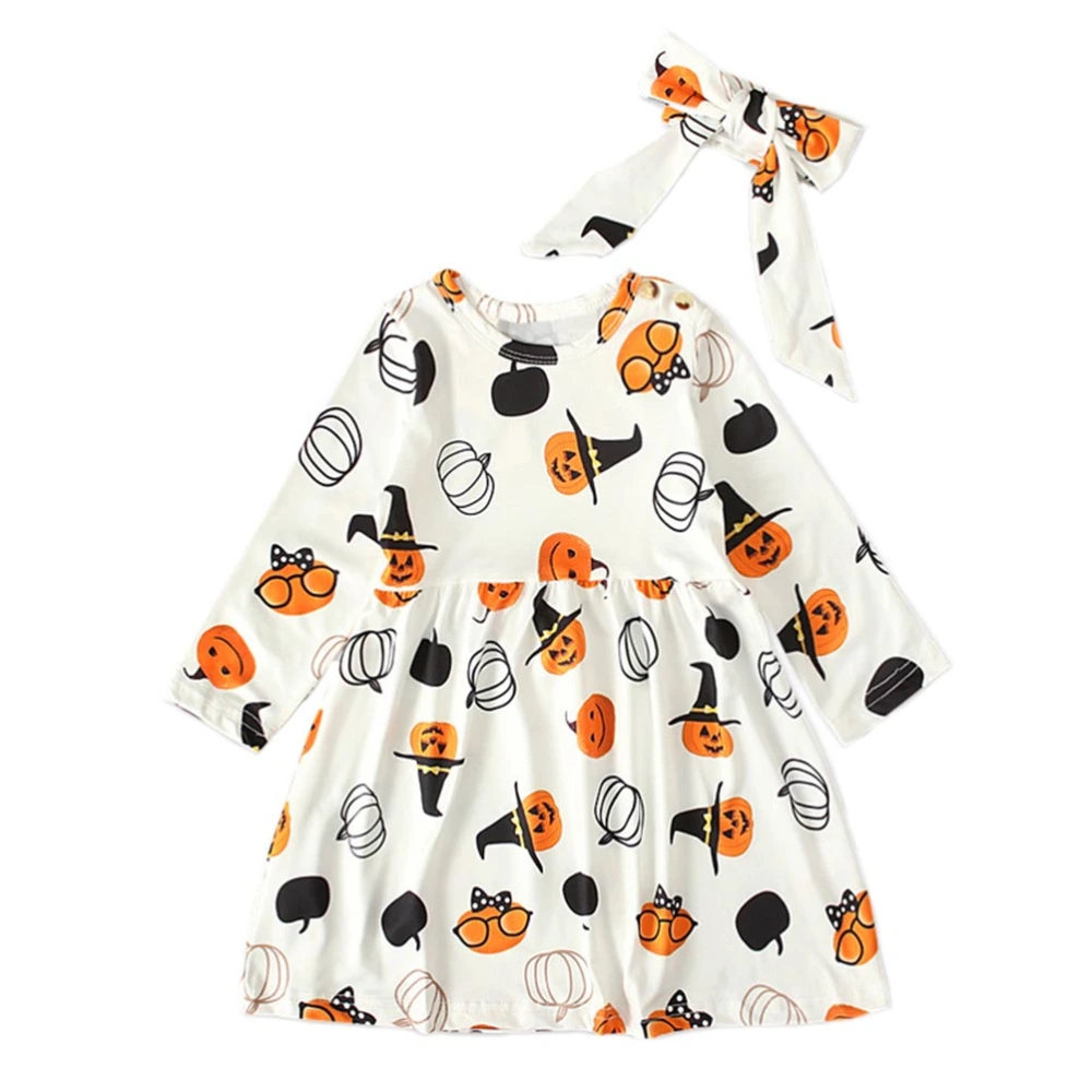 1Pc Kids Spring Autumn Halloween Pumpkin Pattern Long Sleeve Dress with Bowknot