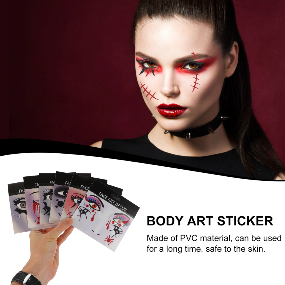 6 Sheets Halloween Face Tattoos Stickers Temporary Tattoos Party Face Stickers Mixed Style