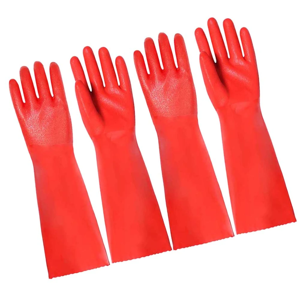 2 Pairs Dishwashing Gloves Thicken Kitchen Cleaning Gloves Non-slip Housework Gloves for Home Shop (Length 35cm, Red)