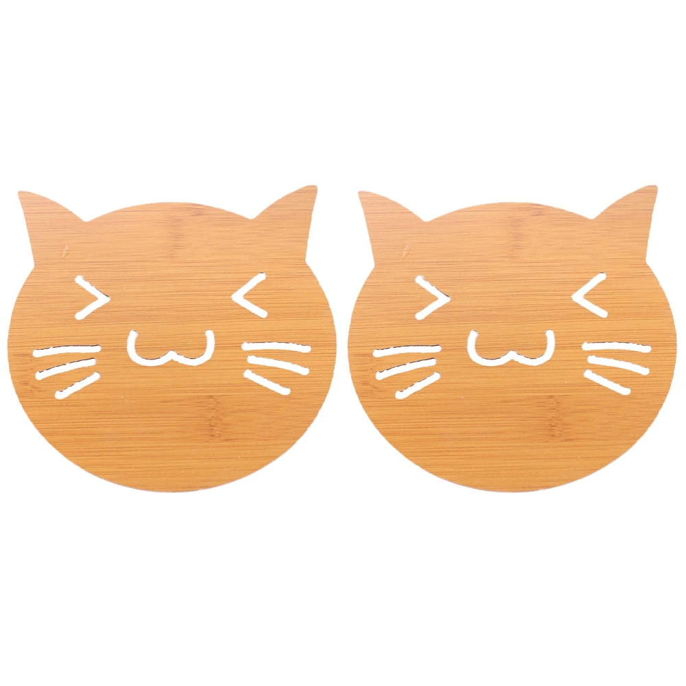 2 Pcs Wooden Cup Coaster Cartoon Pattern Hollow Heat Resistant Cup Holder Pad Solid Coffee Tea Bowl Holder Pad (Cat)