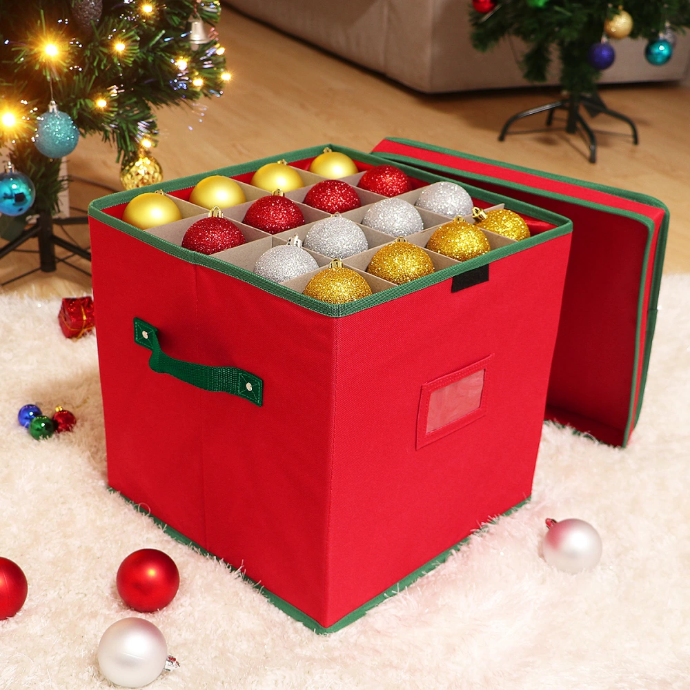 Cabilock Christmas Ornament Storage Box with Lid Storage Container Keeps 64 Holiday Ornaments and Xmas Decorations Accessories Red