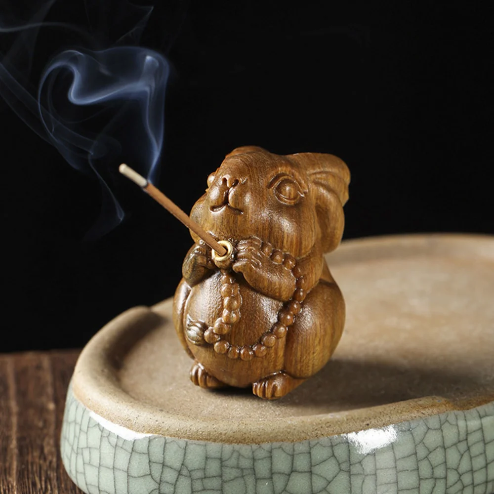 Wood Carved Incense Stick Holder Rabbit Incense Burner Holder Wooden Rabbit Statue