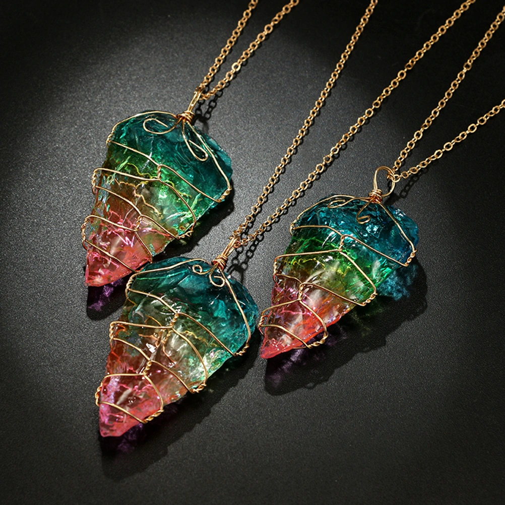 Rainbow Stone Natural Crystal Necklace Gold Plated Quartz Pendant Necklace