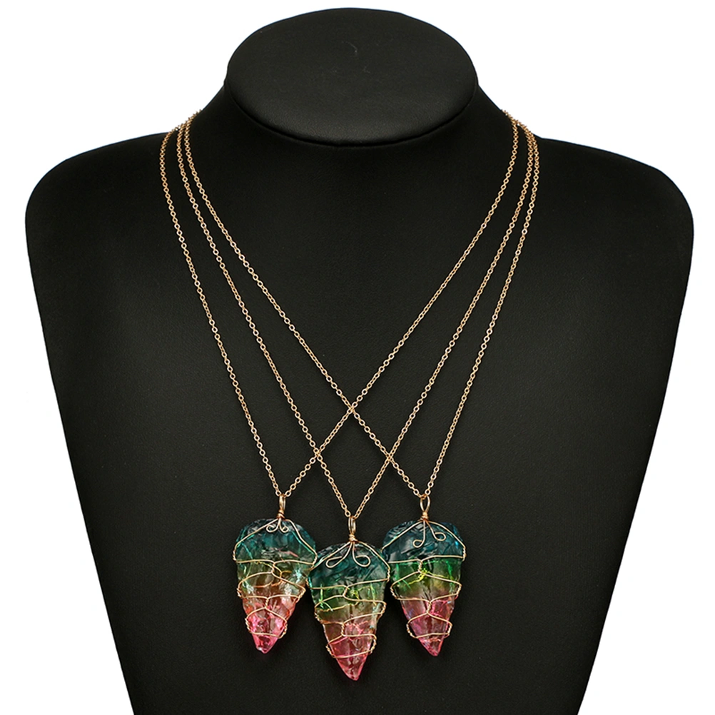 Rainbow Stone Natural Crystal Necklace Gold Plated Quartz Pendant Necklace