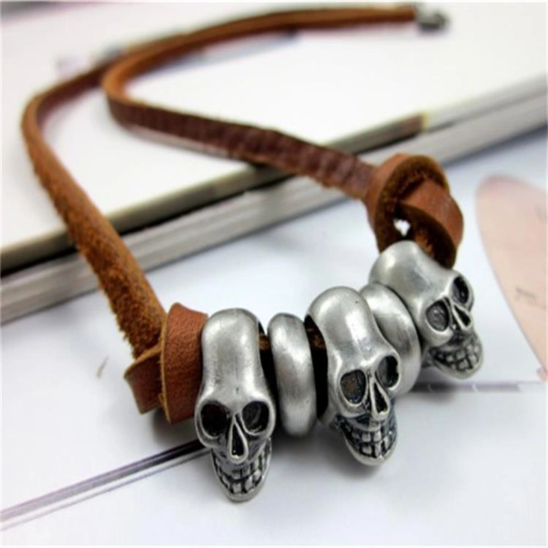 Gothic Punk Alloy Skull Head Pendant Leather Necklace Neck Chain for Men Women