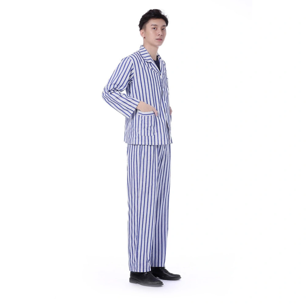 1 Set Adult Pajamas Cotton Comfortable Long Sleeve Clothing for Bedridden Patients Hospital Home (Blue and White Stripe, Size 3XL)