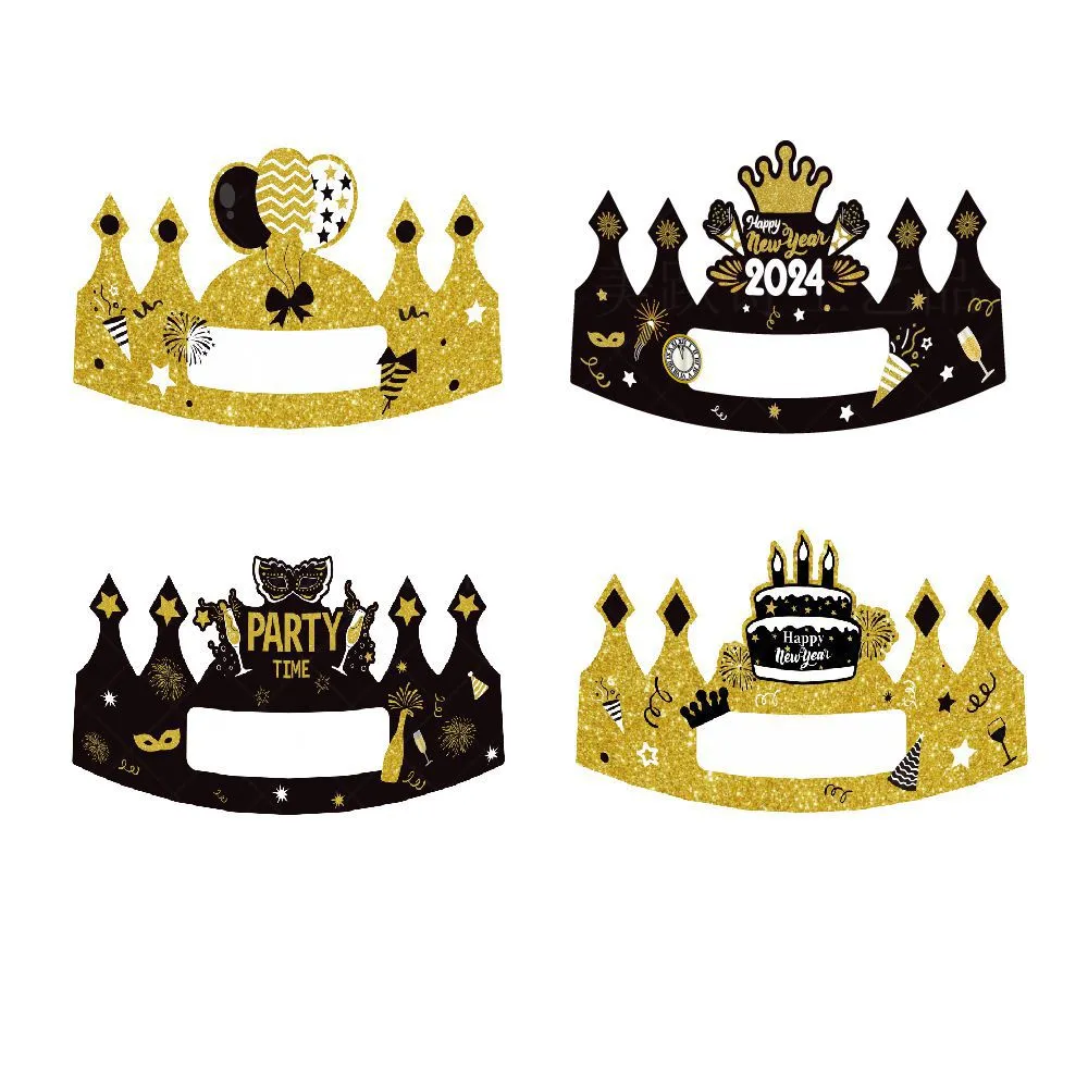 4pcs New Year Party Crowns 2024 New Year Eve Hats Crown Shaped Paper Hats New Year Party Supplies