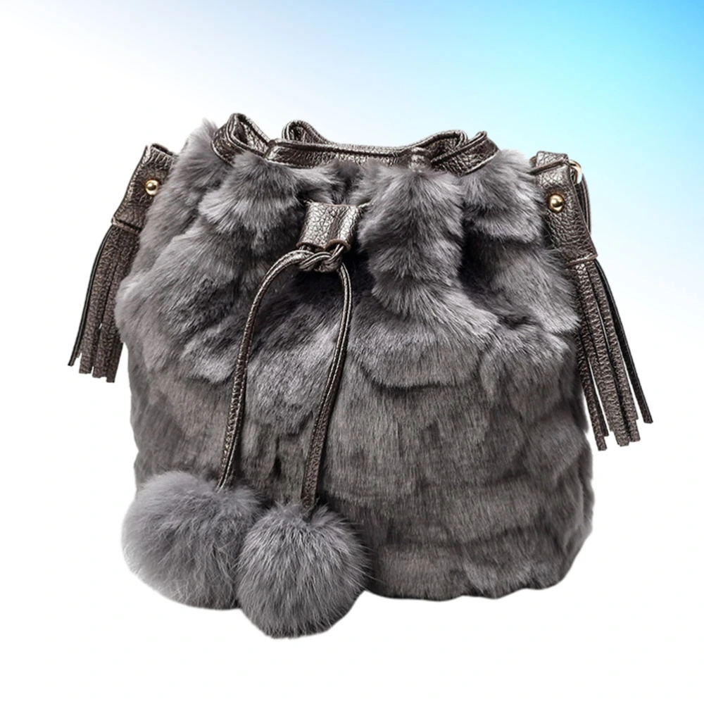 Light Grey Handbag Fashion Fluffy Shoulder Bag Pompon Bucket Bag Creative Crossbody Drawstring Bag for Girls Lady Woman