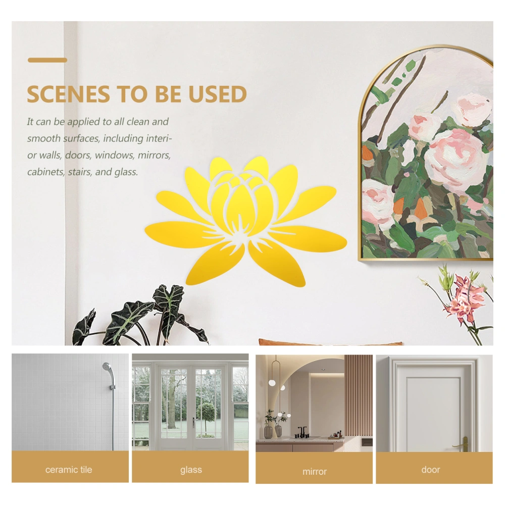 3D Lotus Acrylic Wall Sticker Removable Mirror Sticker Eco-friendly Wall Decals for Bedroom Living Room Bathroom Decoration(Golden)