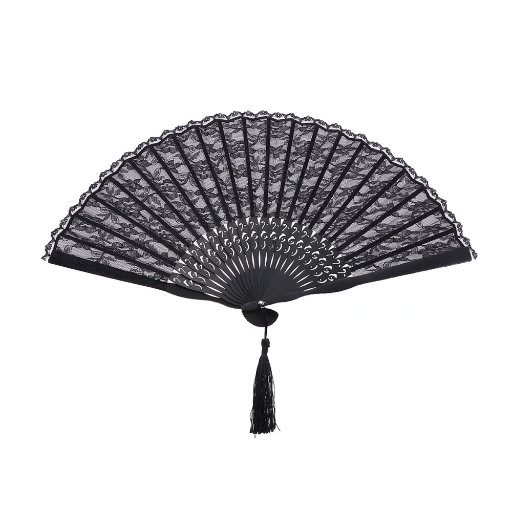 Cotton Bamboo Vintage Fan Chinese Japanese Retro Style Hollow Out Lace Fan (Black)