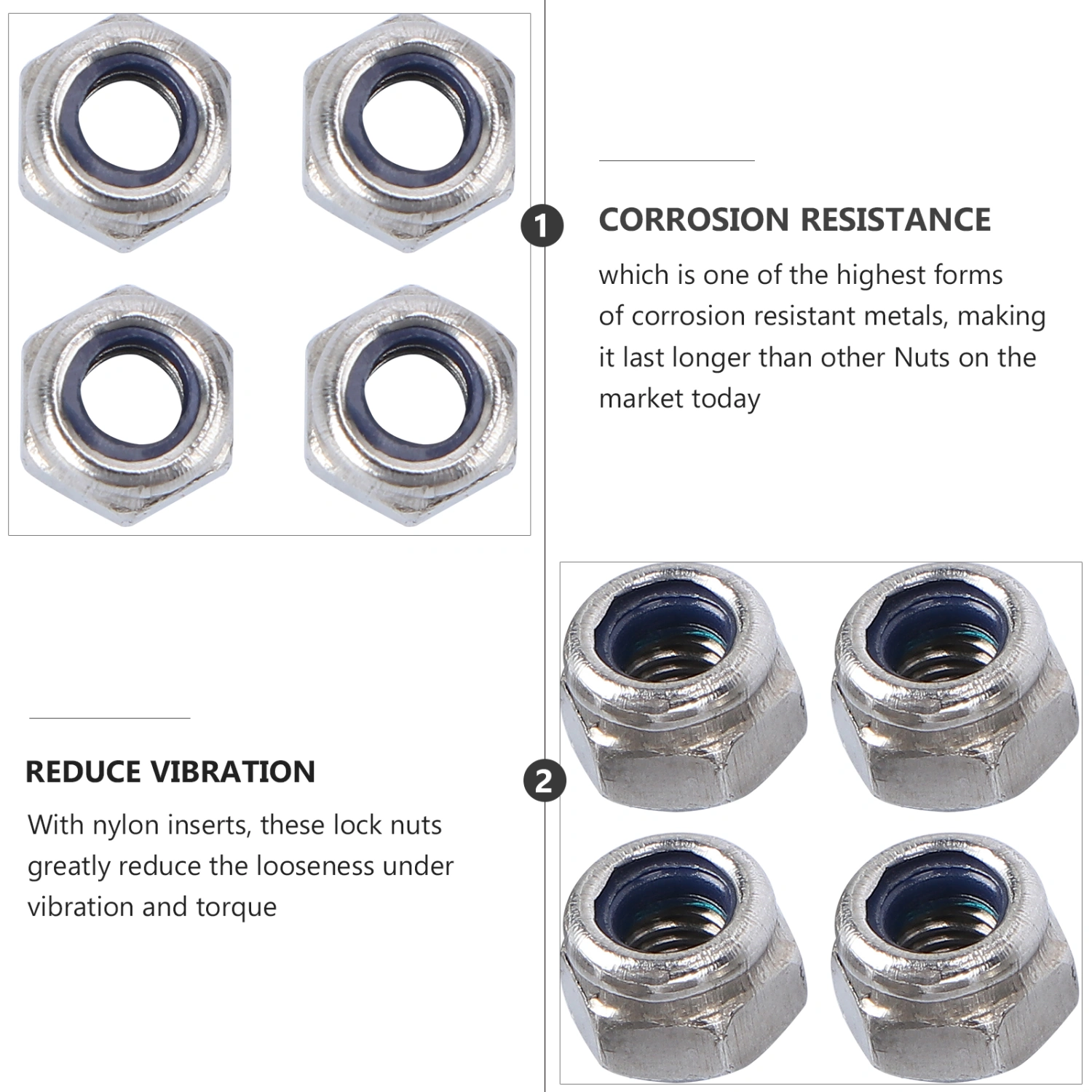 100pcs Lock Nut Stainless Steel Finish Hex 304 Stainless Steel with Nylon Insert