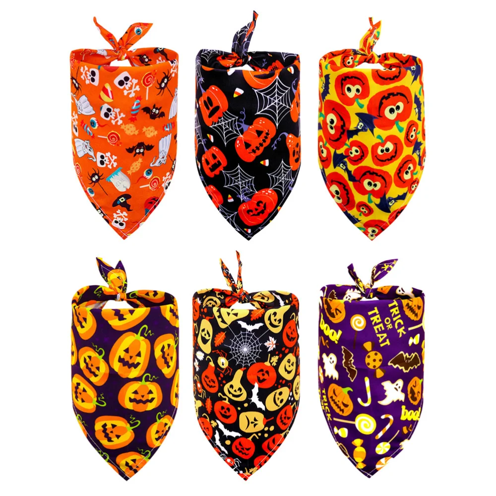 6pcs Halloween Dog Bib Dog Saliva Towel Pet Triangular Scarf (Mixed Styles)