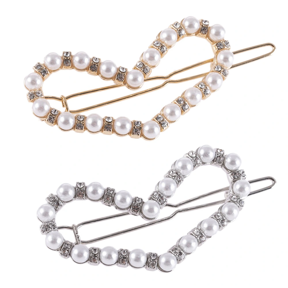 2pcs Hair Clips Heart Shaped Hollow Pearl Rhinestone Inlaid Barrettes Headdress