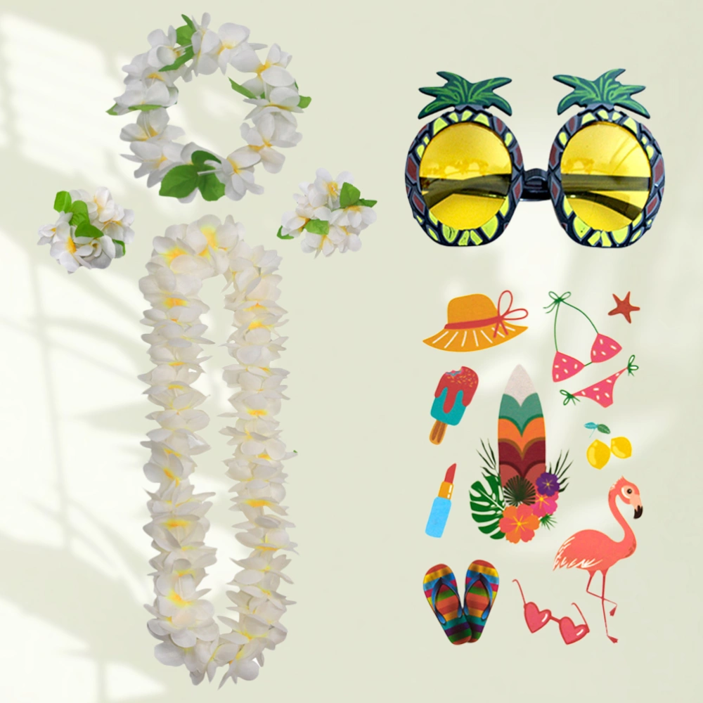 6pcs in 1 Set White Classic Hawaiian Leis Artificial Flower Headband Lifelike Neck Loop Bracelet Set Pineapple Eyeglasses and Tattoos Stickers Set Simulate Tropical Beach Party Garland Luau Party Fancy Supplies