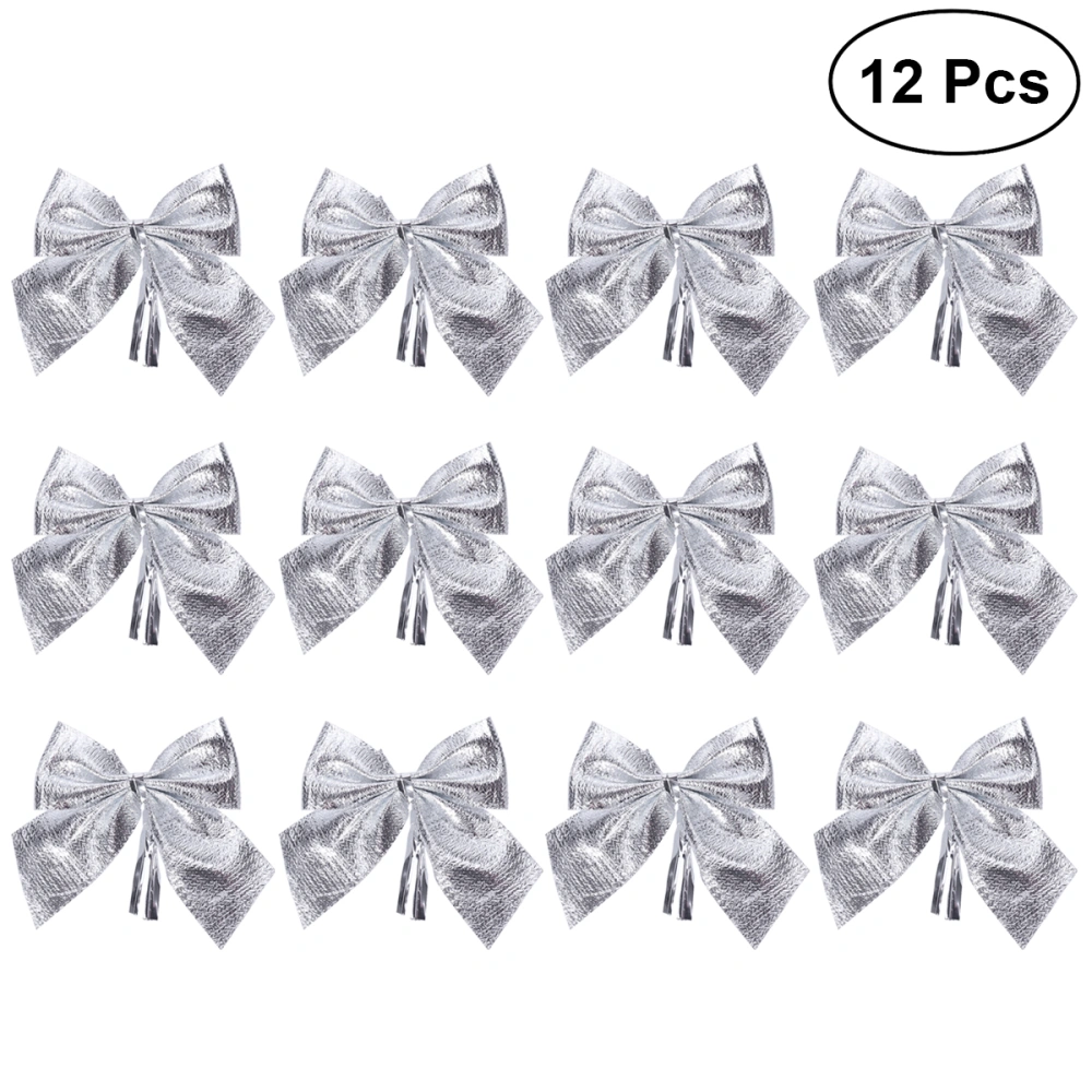 12pcs Glitter Bowknots Christmas Tree Ornaments Pendant Xmas  Hanging Decor Adornments Holiday Home Party Supplies (Silver)